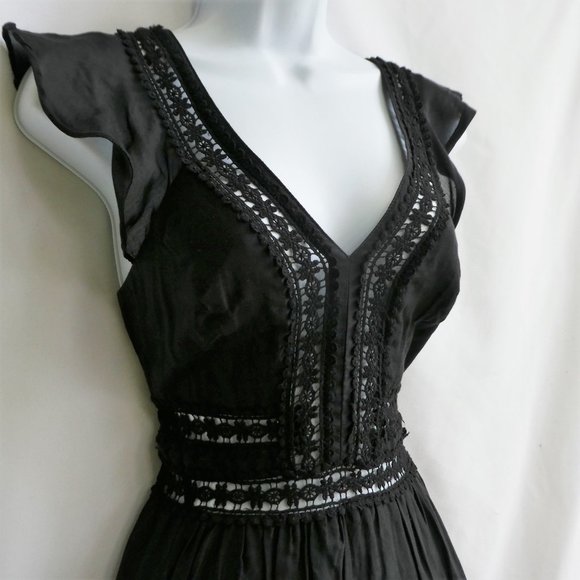 Bebe LBD Dress SiLK Cotton Lace Inset Tiered Ruffles Flutter Sleeves Zip Back 0 - Picture 3 of 9
